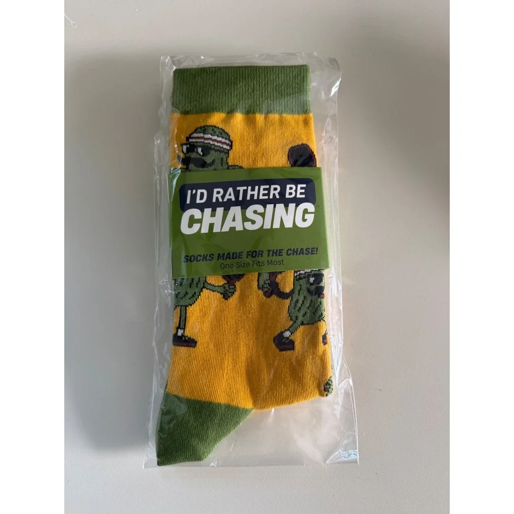 I'd Rather Be Chasing Pickleball Socks OSFM Yellow Green Novelty Graphic Crew
